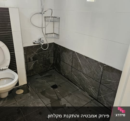 חדר אמבטיה עם מקלחת ושירותים, אריחים כהים על הרצפה והקירות